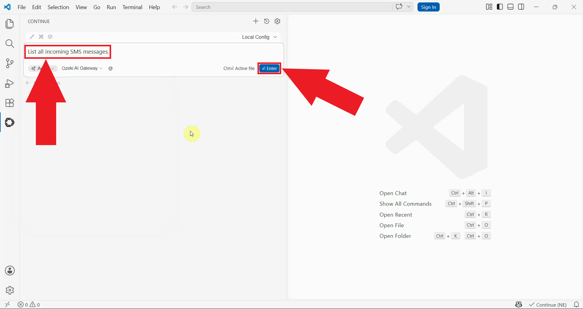Instruct the Continue agent to list incoming messages