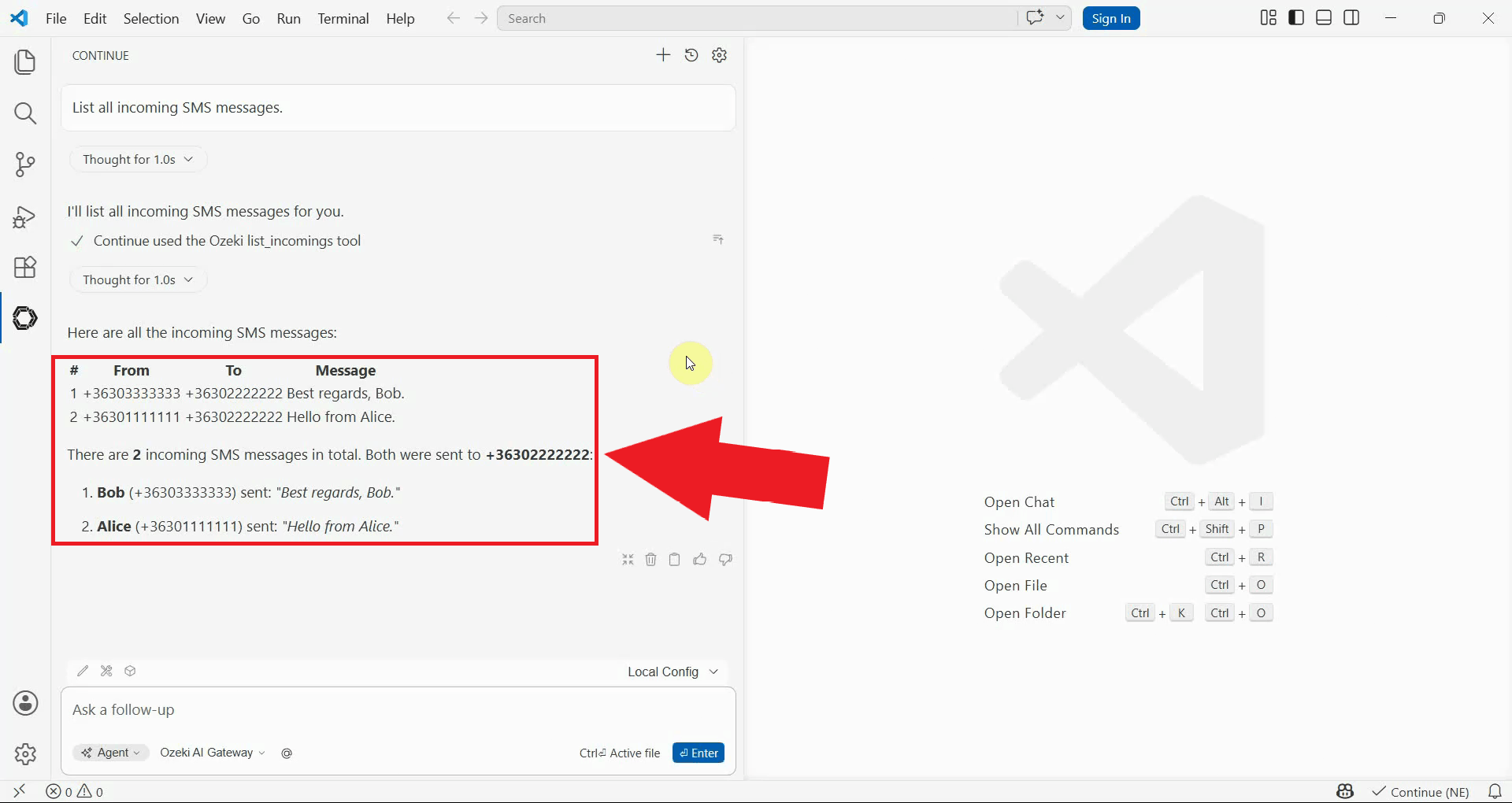 List incoming messages tool result in Continue