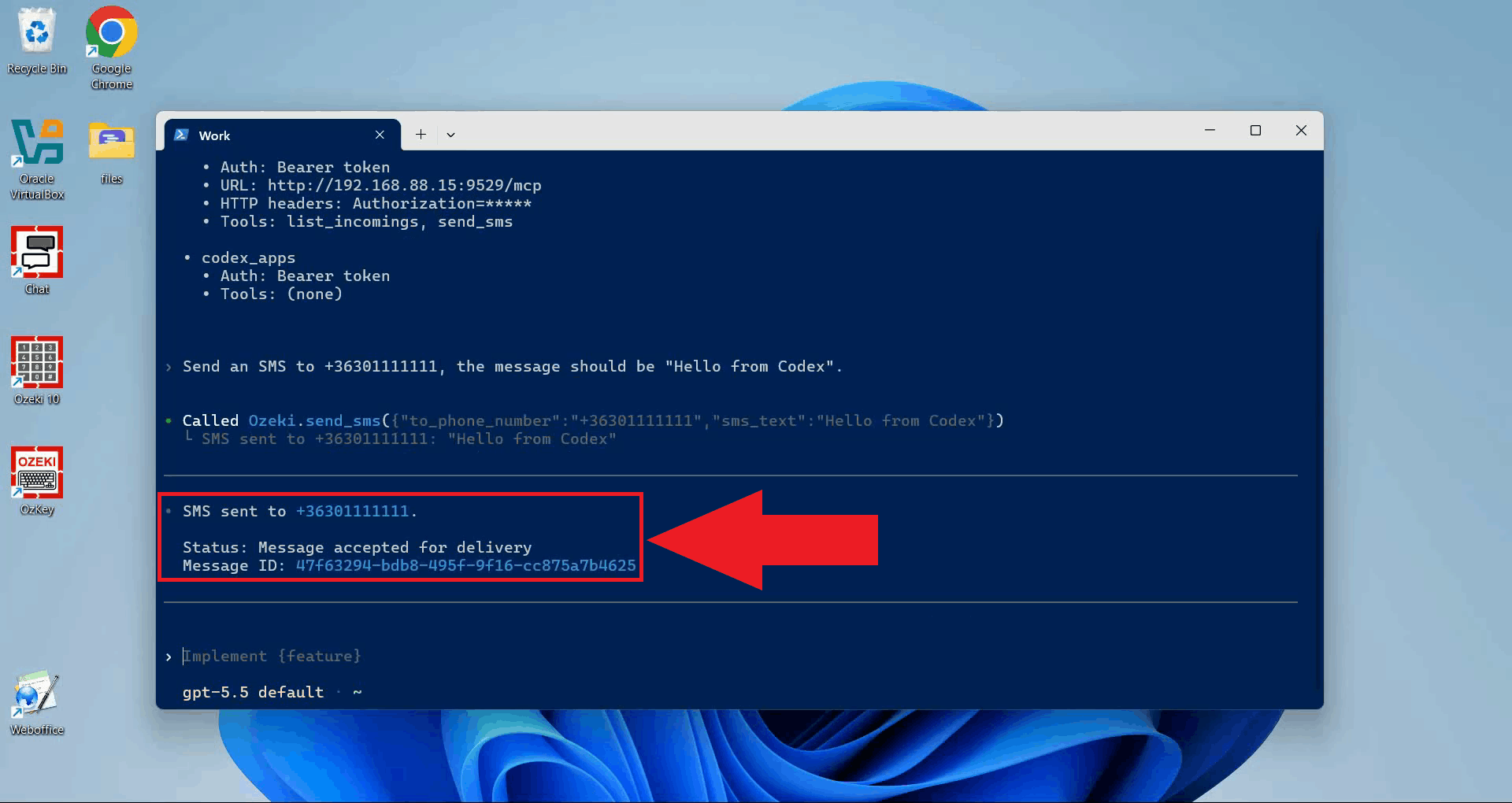 Send SMS tool result in Codex