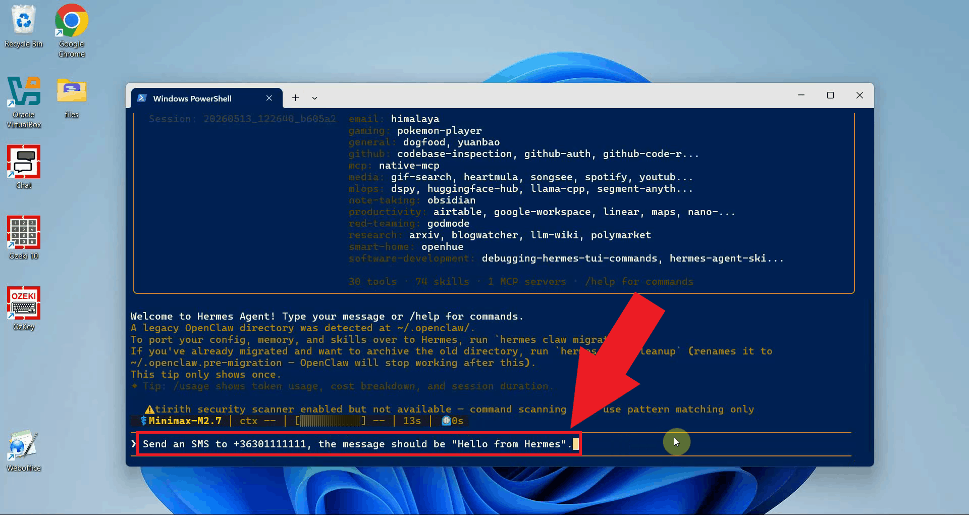 Instruct the AI agent to send an SMS in Hermes Agent