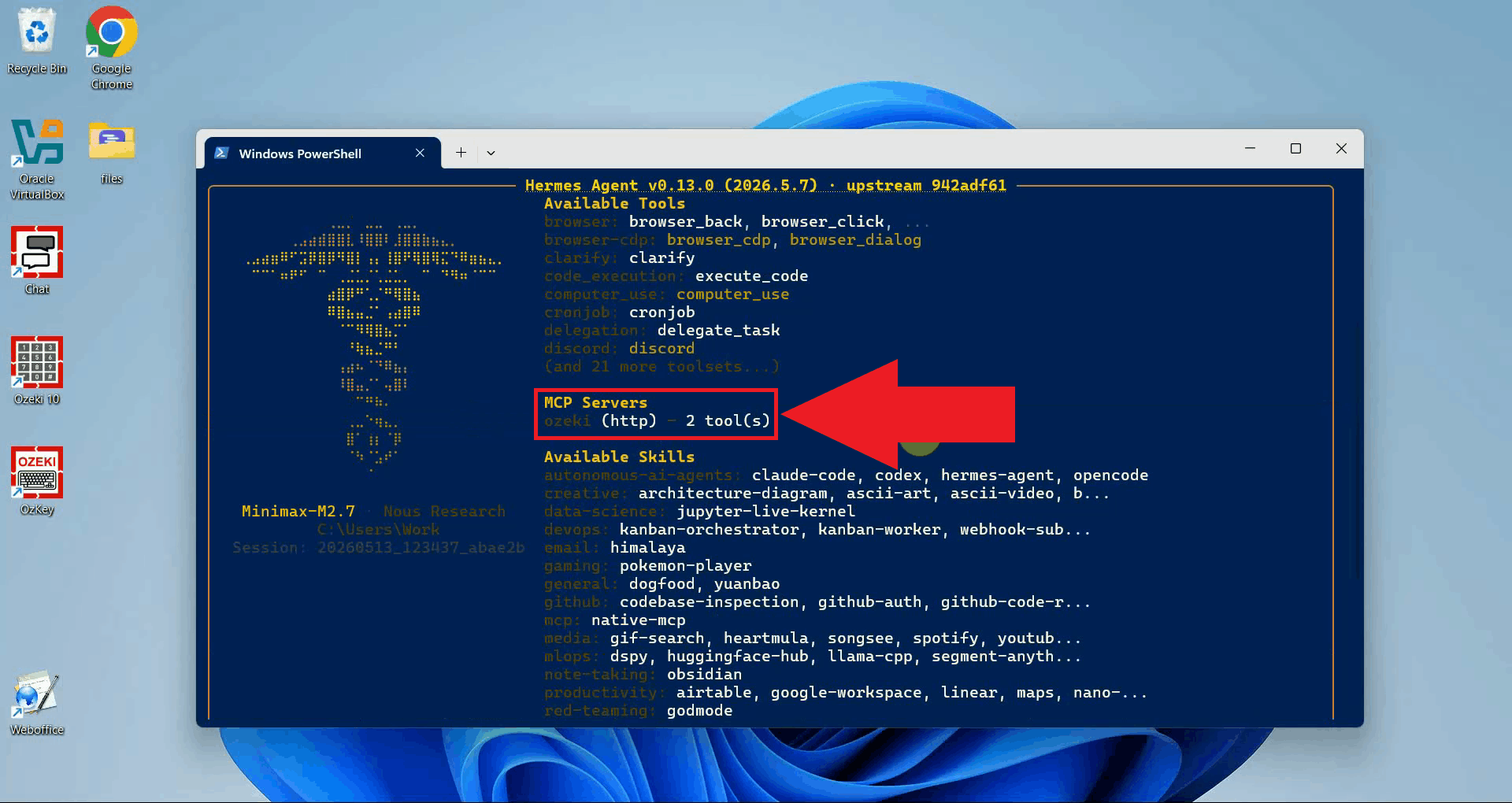 View and verify SMS MCP connection in Hermes Agent