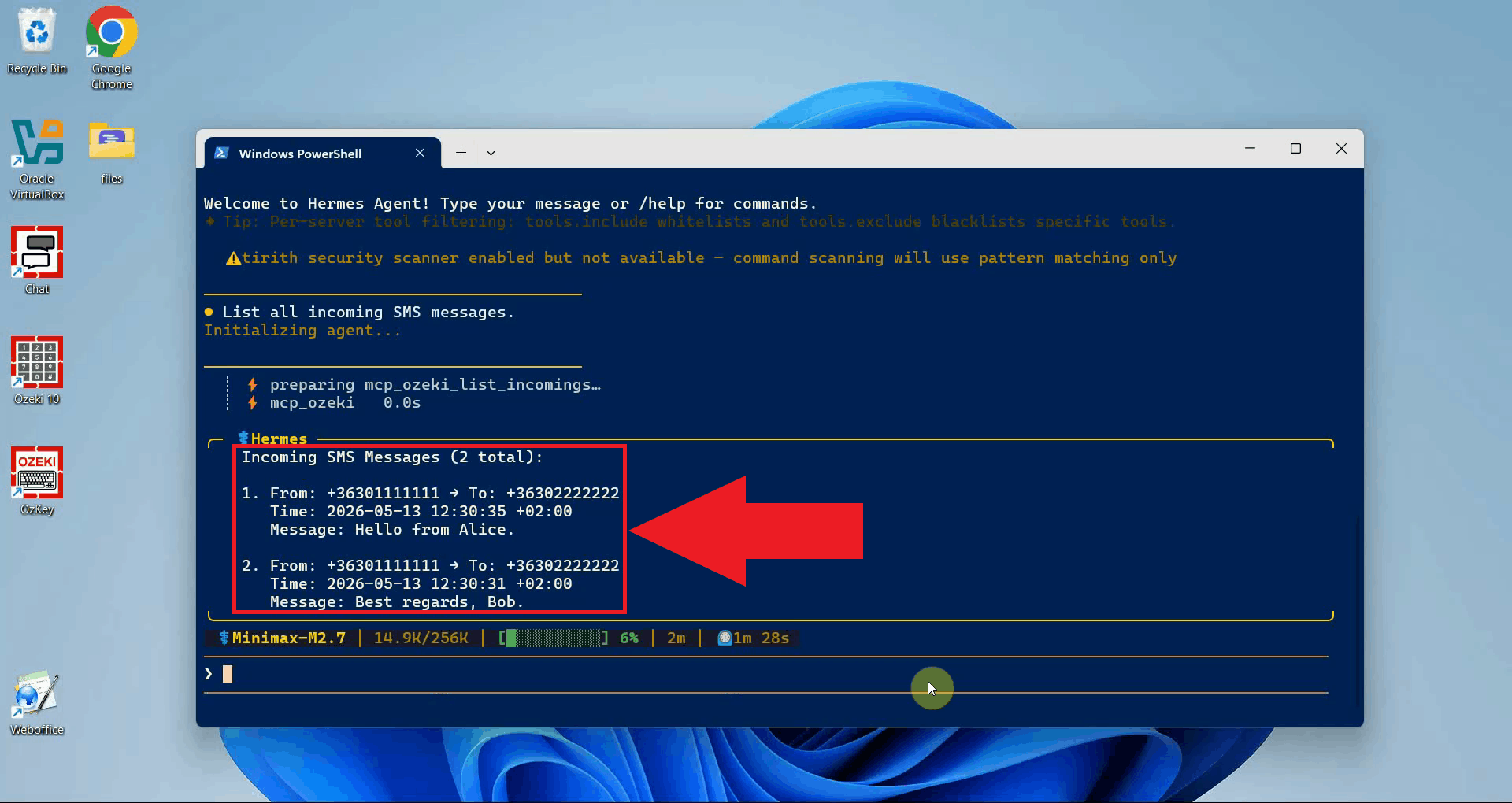 List incoming messages tool result in Hermes Agent