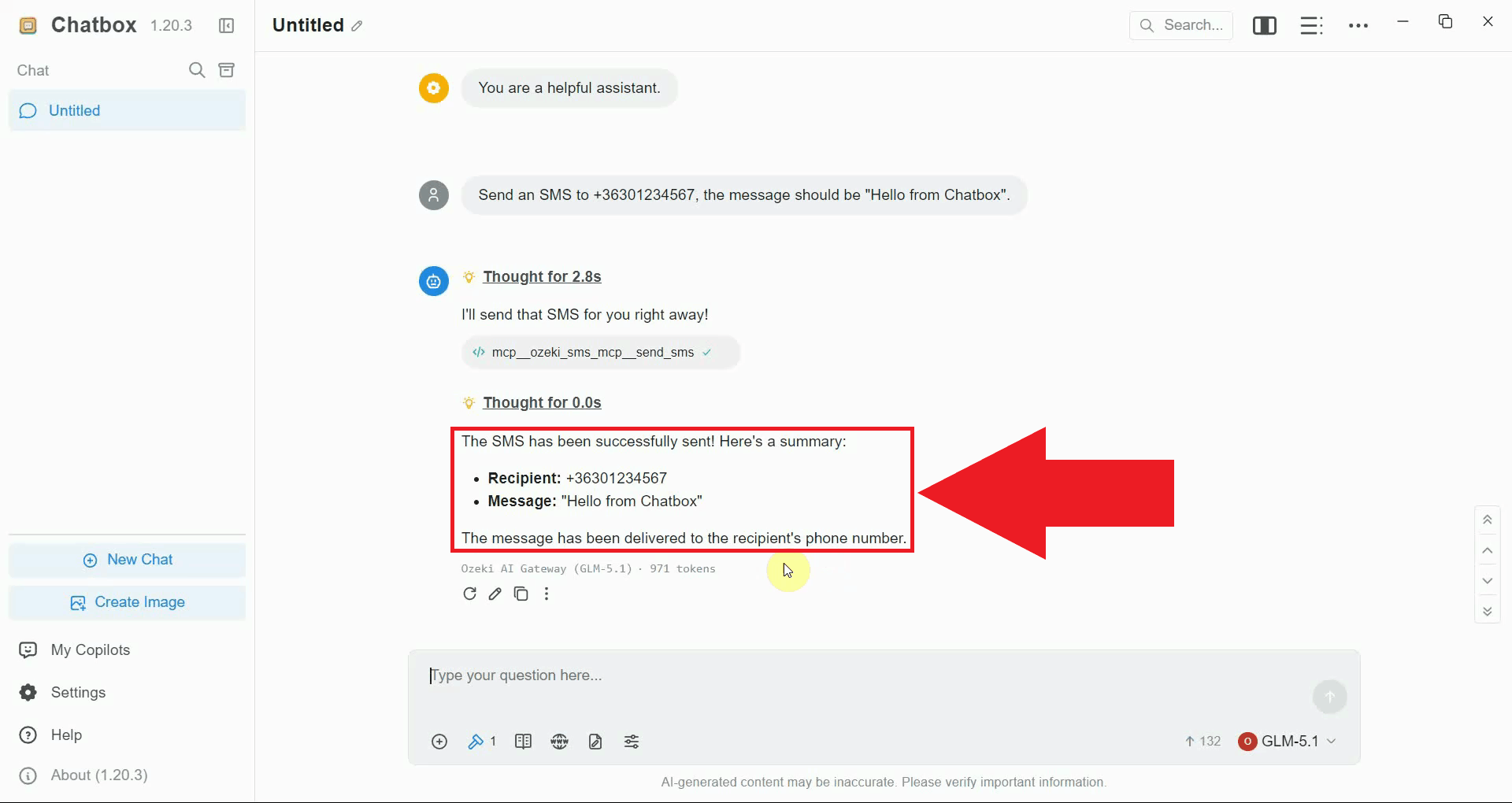 Send SMS tool result in Chatbox