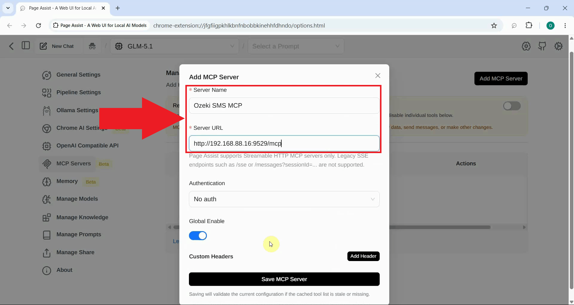 Enter Ozeki SMS MCP server name and URL
